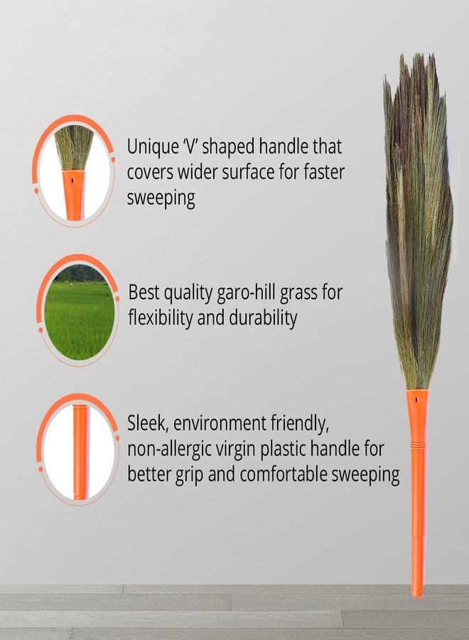 Monkey 555 VVV V-Shaped Grass Broom - Pack of 2 | Natural Garo-Hill Grass | Thick & Tall | Sleek Virgin Plastic Handle | Fast, Eco-Friendly Sweeping| Unique V Shape Handle Spreads Grass Evenly - Image 3